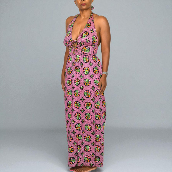 Vintage Halter Maxi Dress Pink Acrylic Floral Print Garden Coverup Hippie Small - Picture 6 of 15